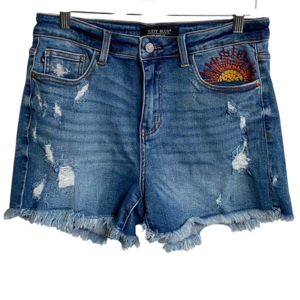 Judy Blue Medium Wash Distressed Jean Shorts with Sun Embroidery - Picture 3 of 13
